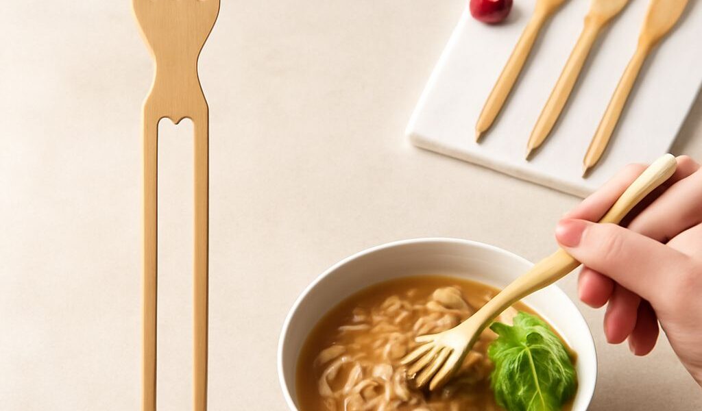 Chopsticks and forks, including red chopsticks and silver chopsticks, on a dining table