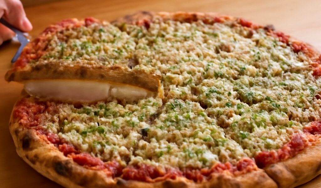 Square cut pizza with green onion and briar hill pizza options