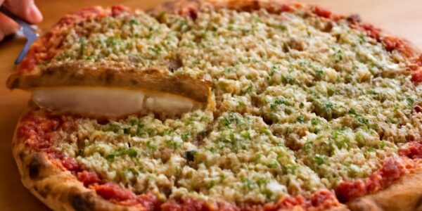 Square cut pizza with green onion and briar hill pizza options