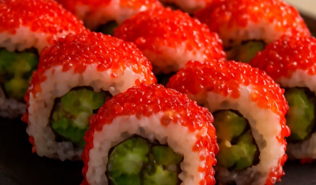 Tobiko sushi and unicorn sushi with kombu sushi