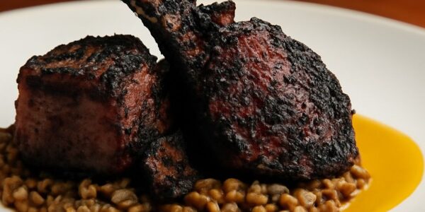 Chops served with a rusted spoon and a side of lichee nut crostatas